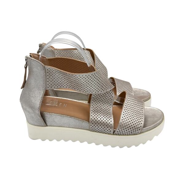 Steven Steve Madden Natural Comfort Klein Silver Leather Perforated Wedge Sandal - Picture 4 of 11